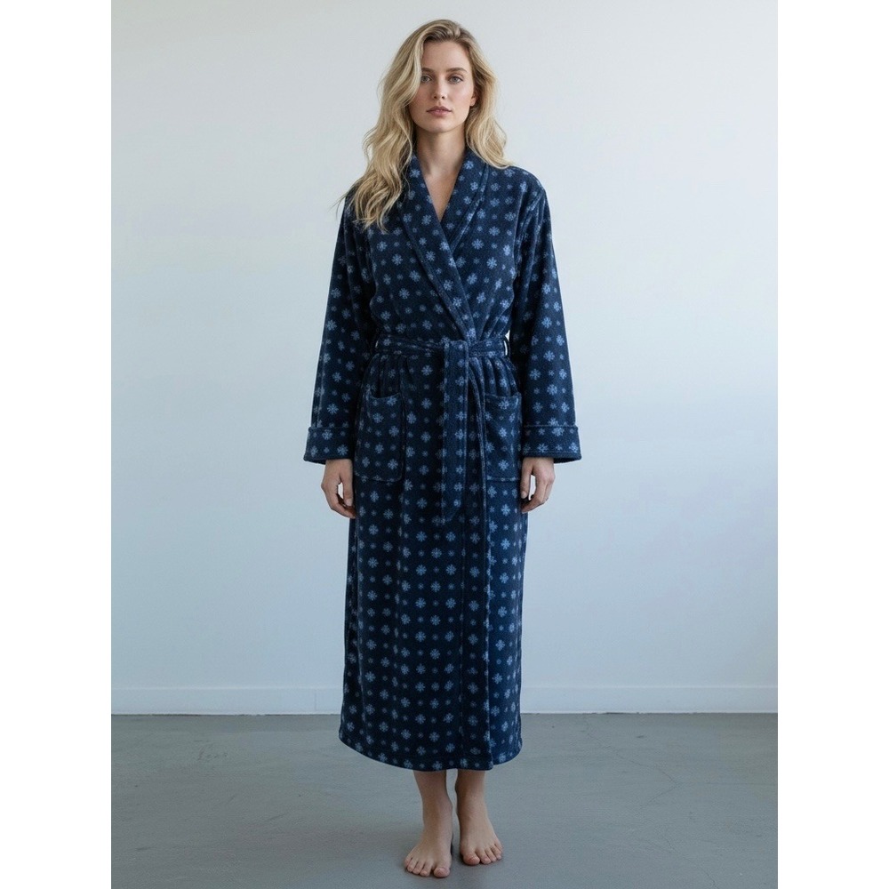 LL Bean Navy Blue Snowflake Fleece Robe Shawl Collar Long Tie Waist